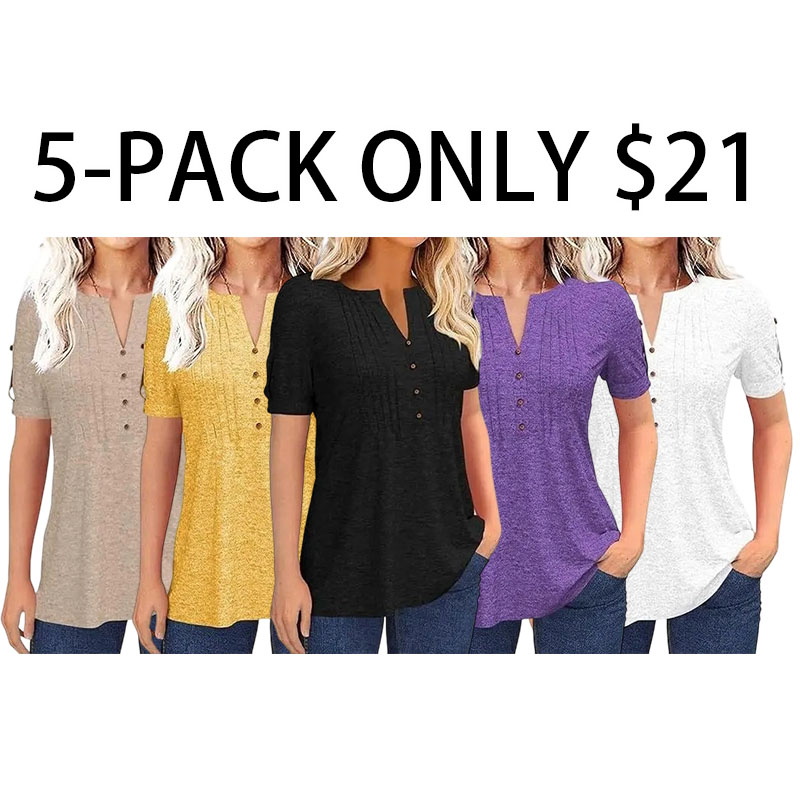 Women’s V Neck T Shirt – Casual Pleated Button Top, Loose Fit Short Sleeve Summer Tee