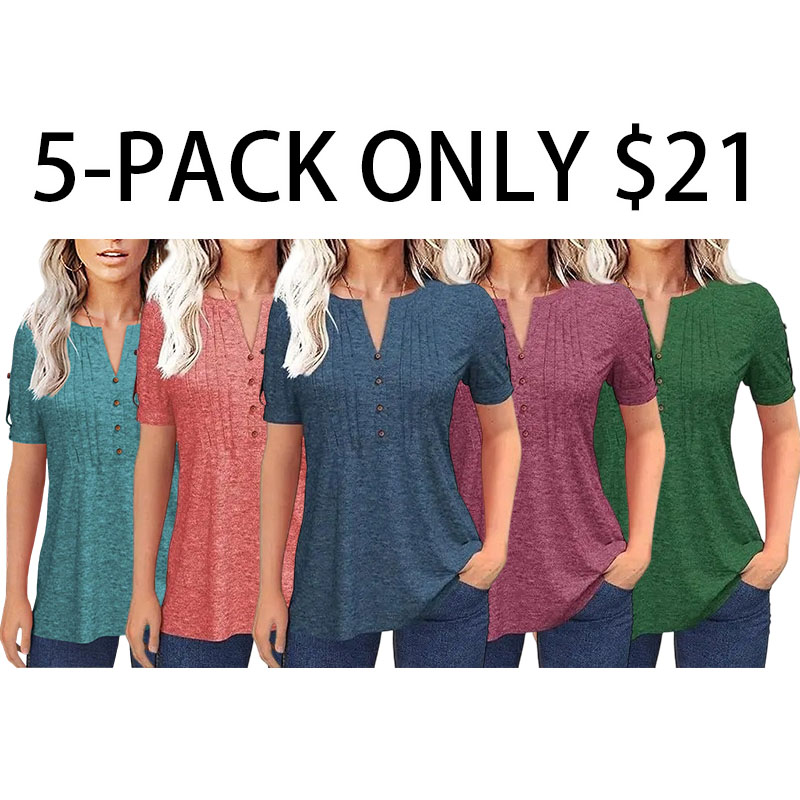 Women’s V Neck T Shirt – Casual Pleated Button Top, Loose Fit Short Sleeve Summer Tee