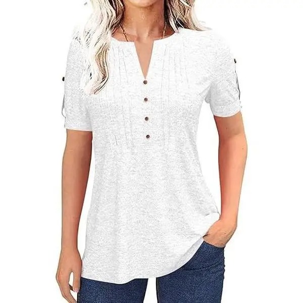 Women’s V Neck T Shirt – Casual Pleated Button Top, Loose Fit Short Sleeve Summer Tee