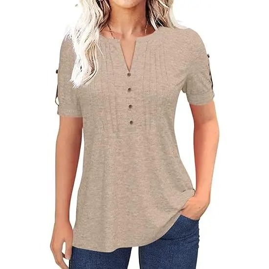 Women’s V Neck T Shirt – Casual Pleated Button Top, Loose Fit Short Sleeve Summer Tee