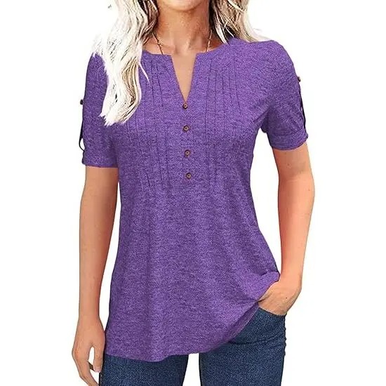 Women’s V Neck T Shirt – Casual Pleated Button Top, Loose Fit Short Sleeve Summer Tee
