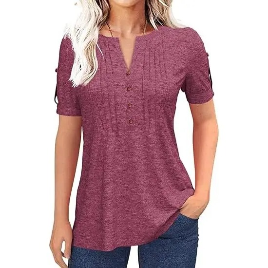 Women’s V Neck T Shirt – Casual Pleated Button Top, Loose Fit Short Sleeve Summer Tee