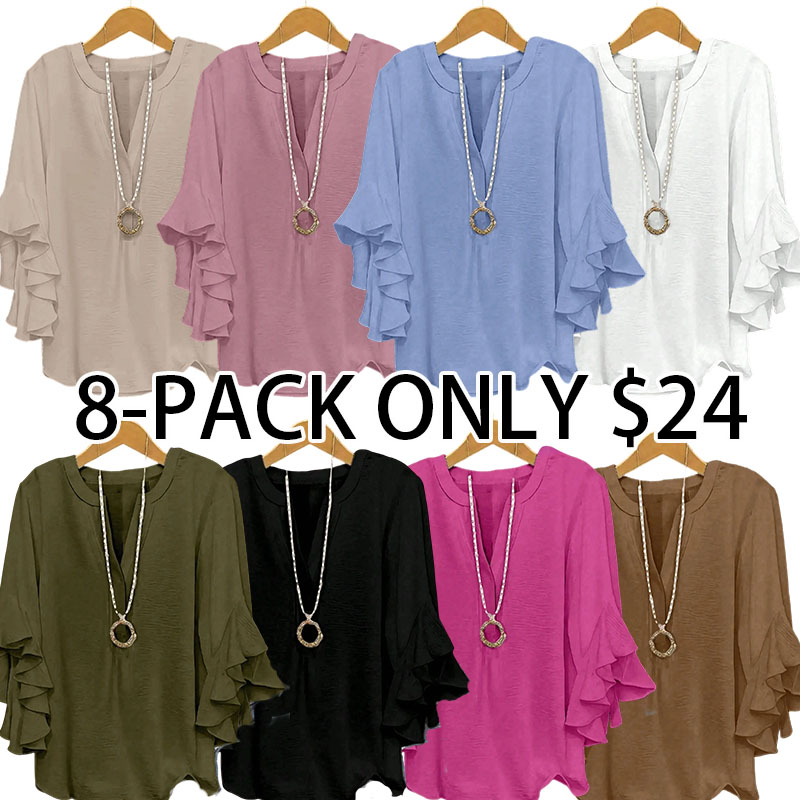 Plus Size Women's Ruffled Sleeve V-Neck Shirt Blouse Tops