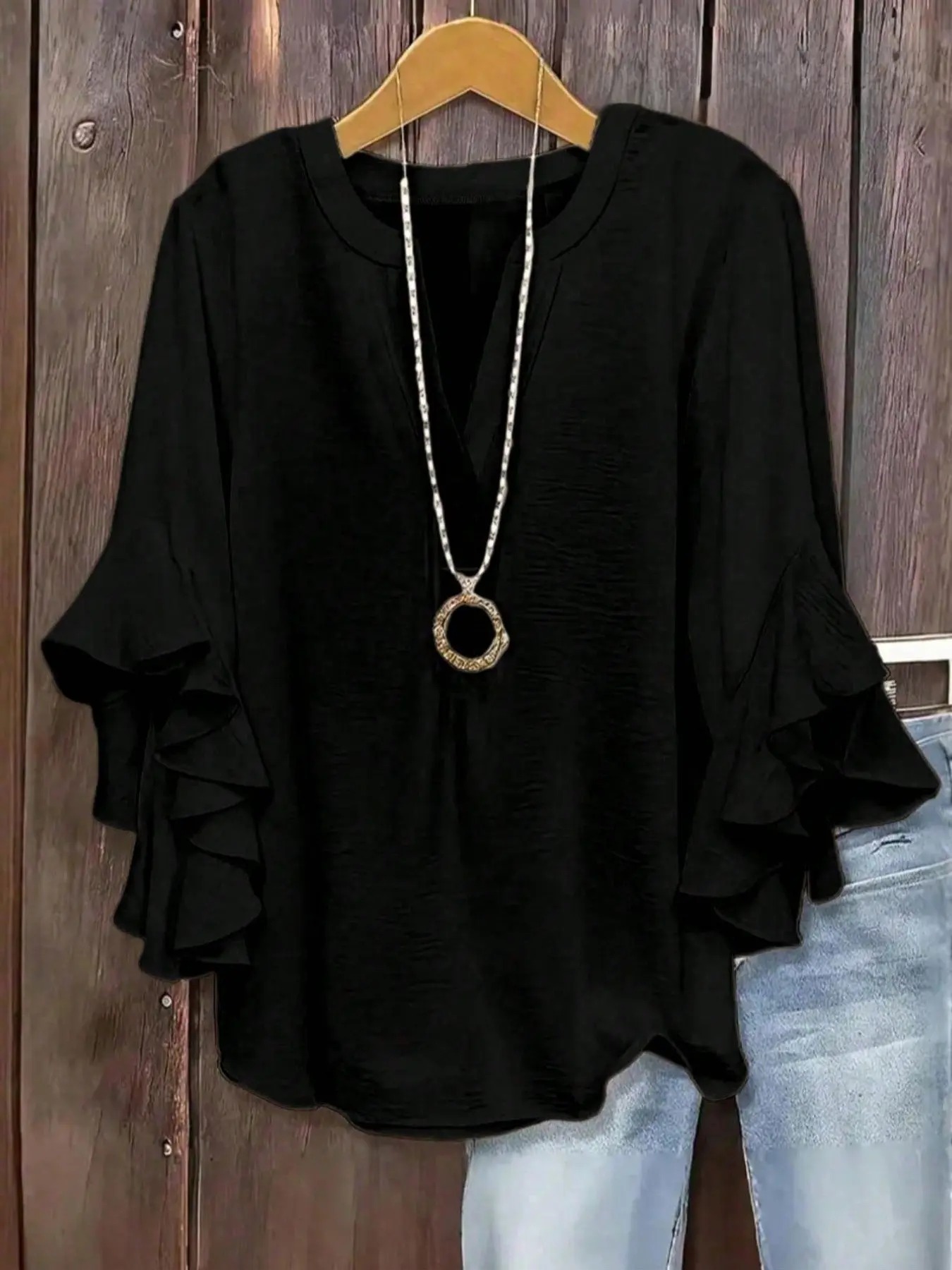 Plus Size Women's Ruffled Sleeve V-Neck Shirt Blouse Tops
