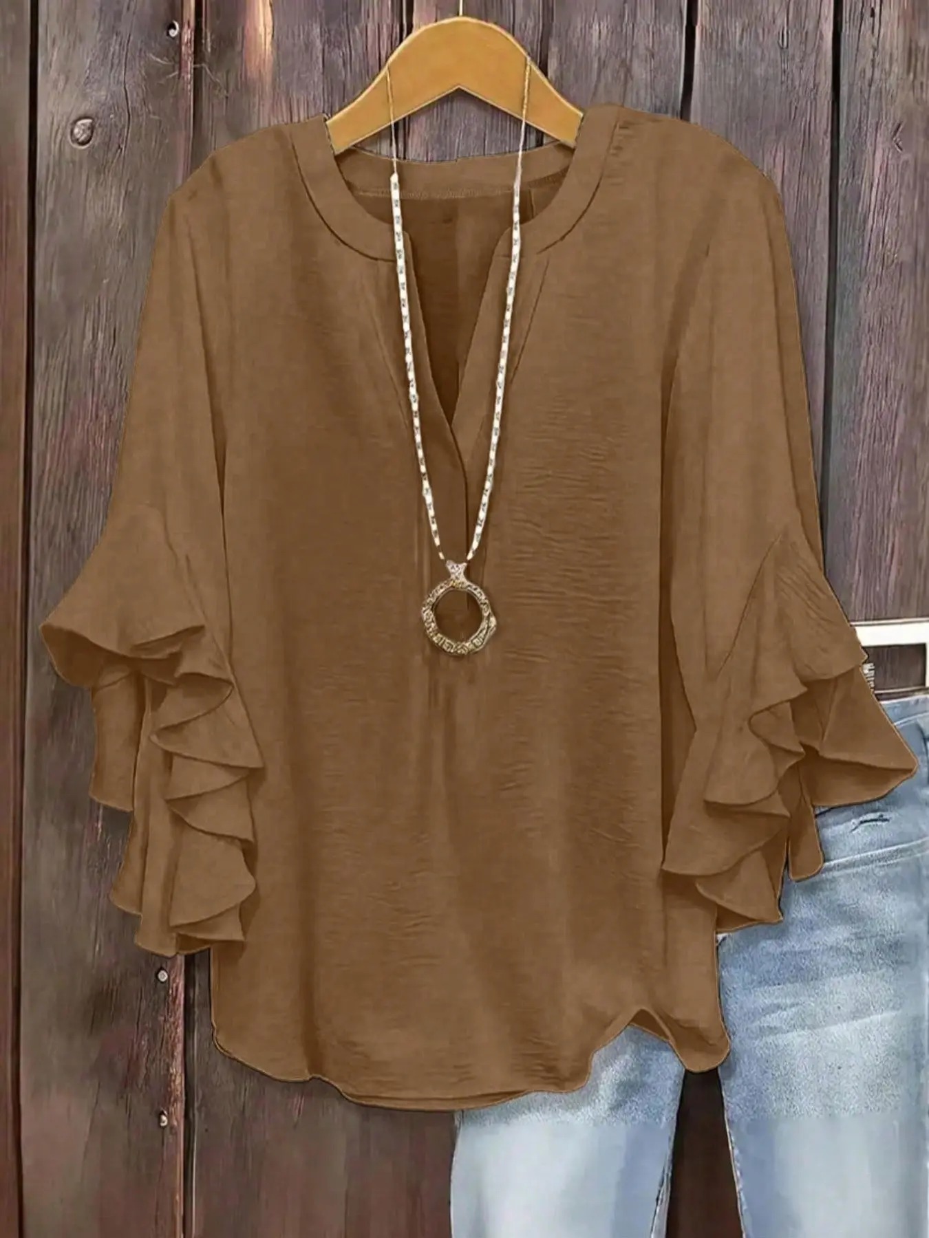 Plus Size Women's Ruffled Sleeve V-Neck Shirt Blouse Tops