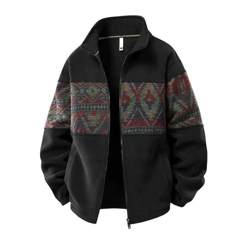Men's Ethnic Pattern Full-Zip Fleece-Lined Long-Sleeve Knitwear Coat