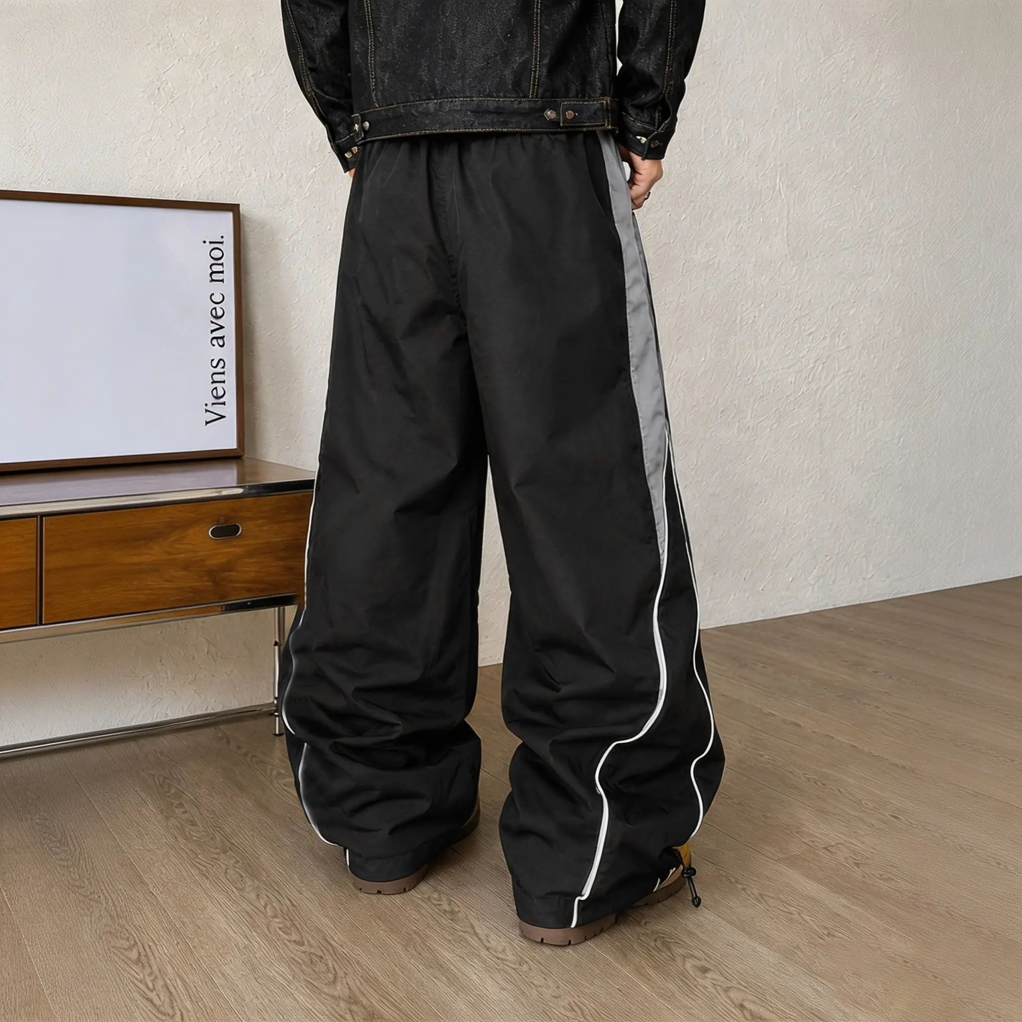 Men's high street style contrasting color splicing side striped tied wide-leg pants