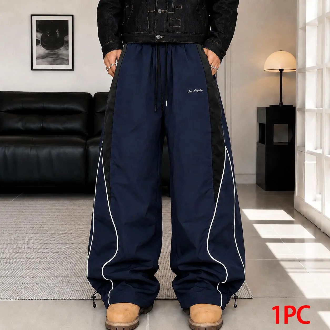 Men's high street style contrasting color splicing side striped tied wide-leg pants