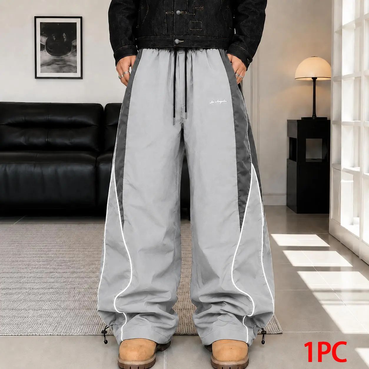 Men's high street style contrasting color splicing side striped tied wide-leg pants