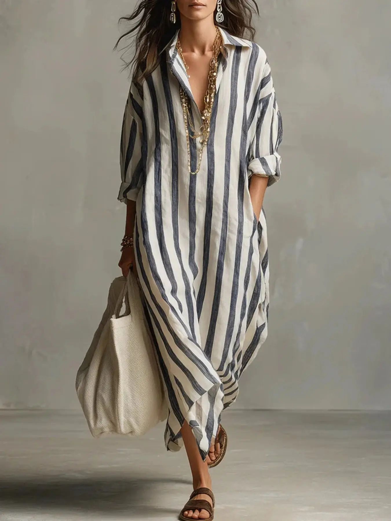 Women's Casual Loose Fit Striped Shirt Dres