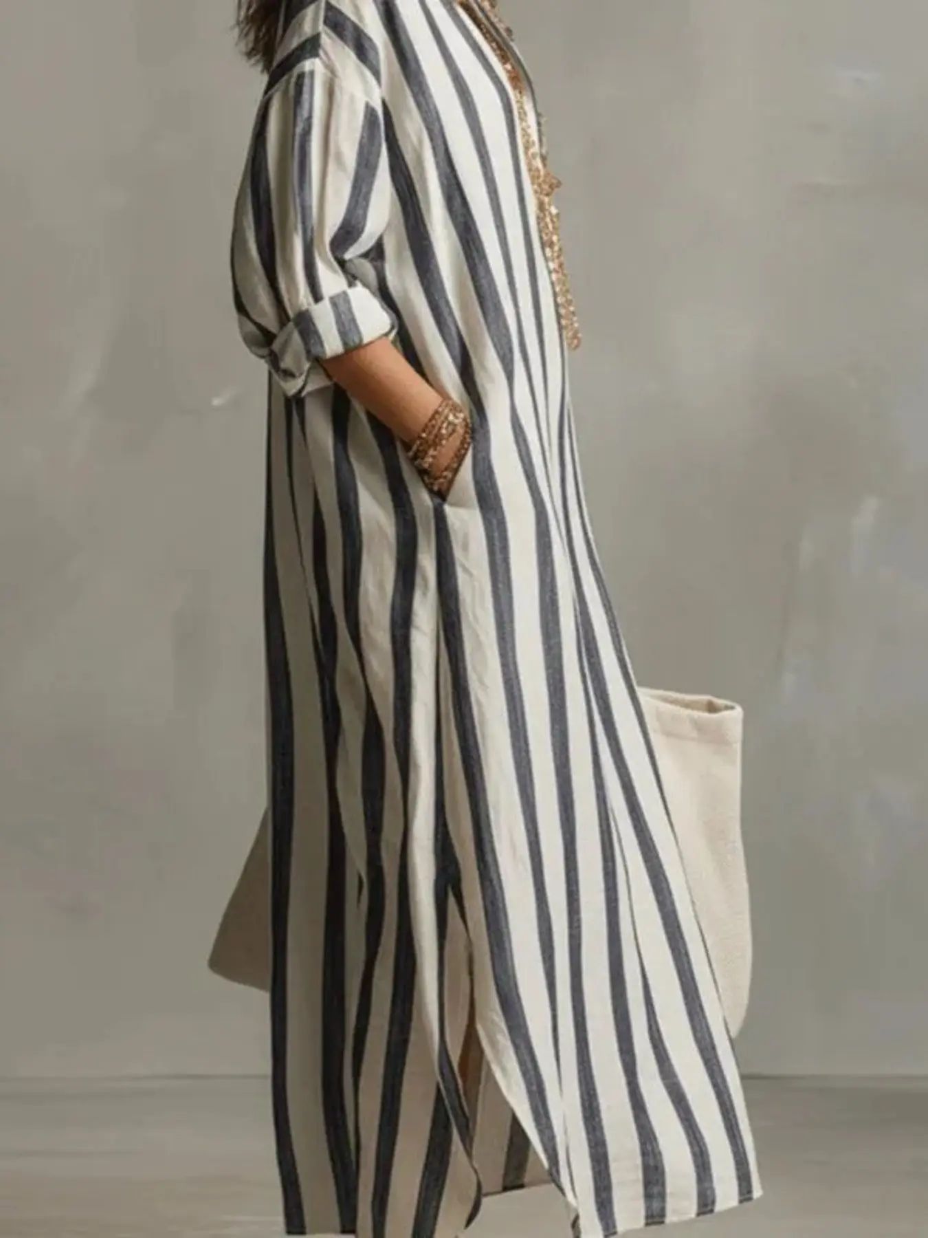 Women's Casual Loose Fit Striped Shirt Dres
