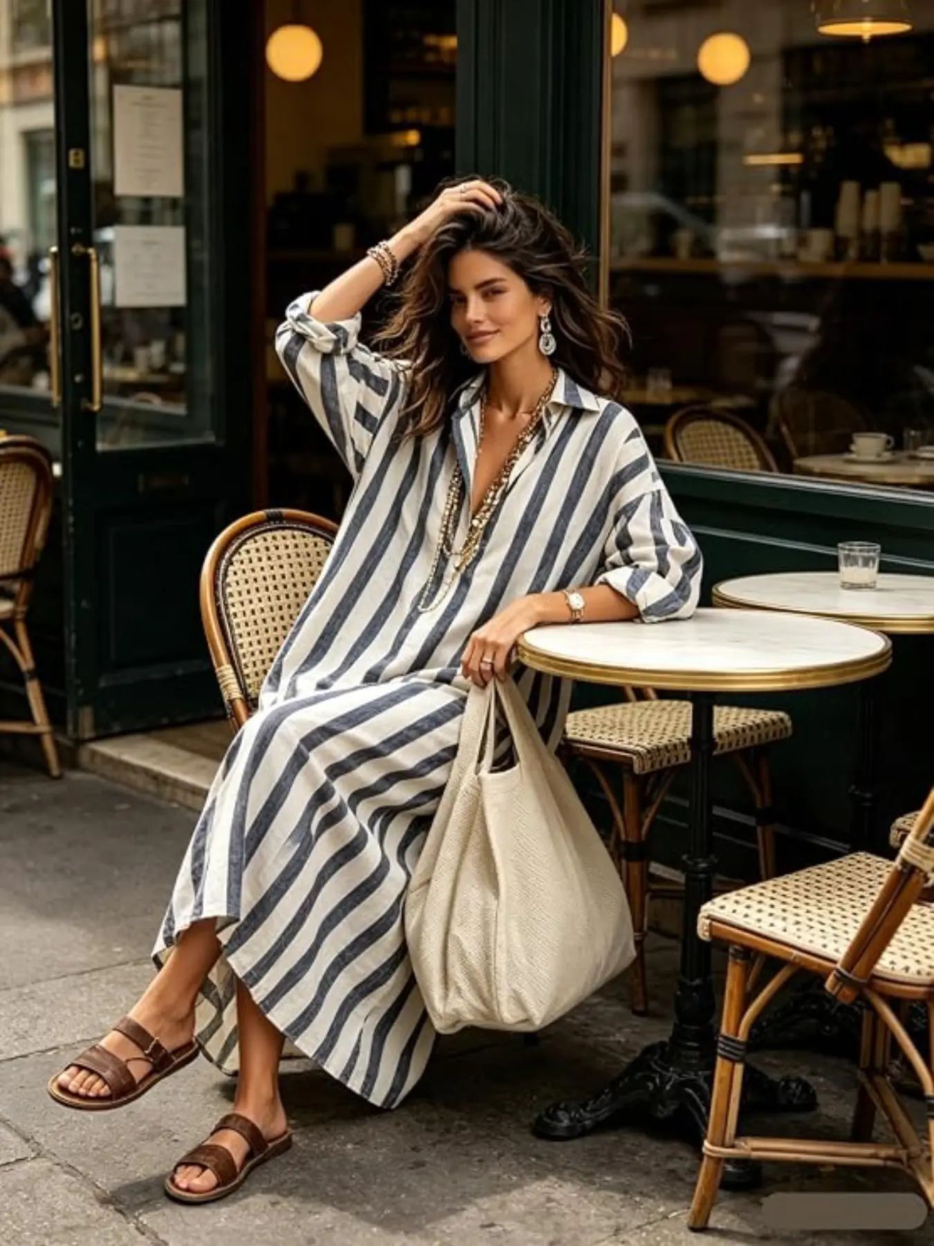 Women's Casual Loose Fit Striped Shirt Dres