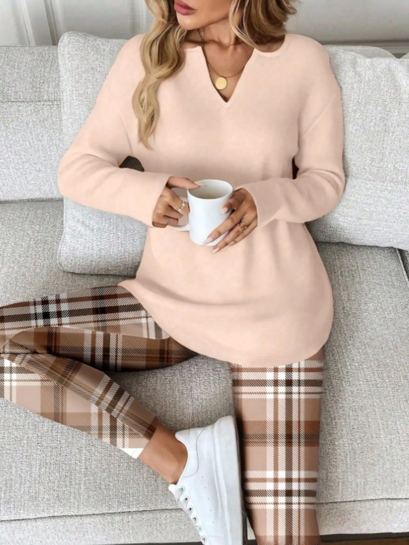 Women's Long Sleeve Top & Plaid Leggings Set