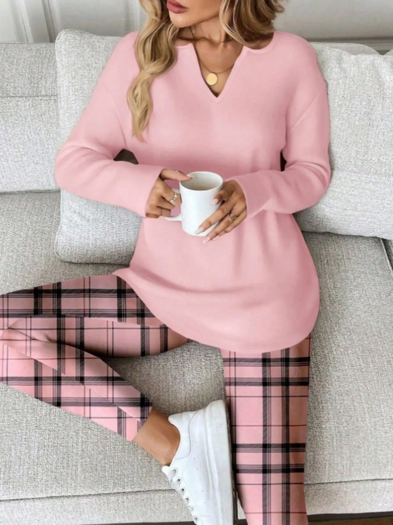 Women's Long Sleeve Top & Plaid Leggings Set