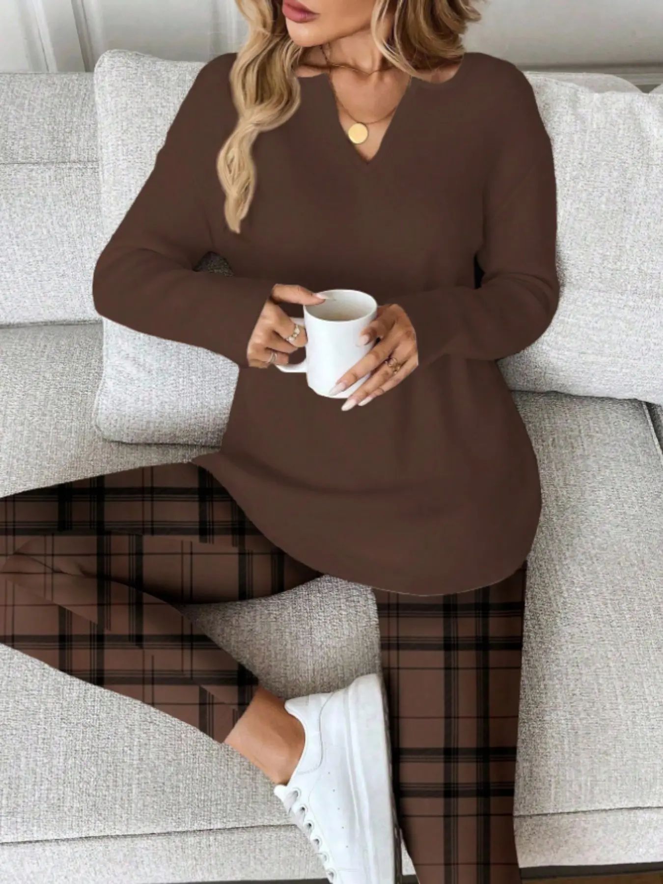 Women's Long Sleeve Top & Plaid Leggings Set