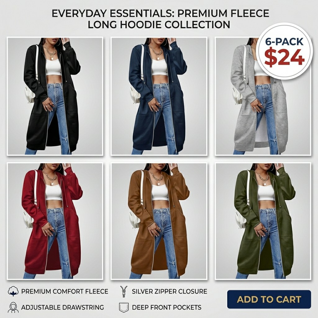 Women’s Long Fleece Hoodie Jacket – Zip Up Tunic Sweatshirt with Pockets