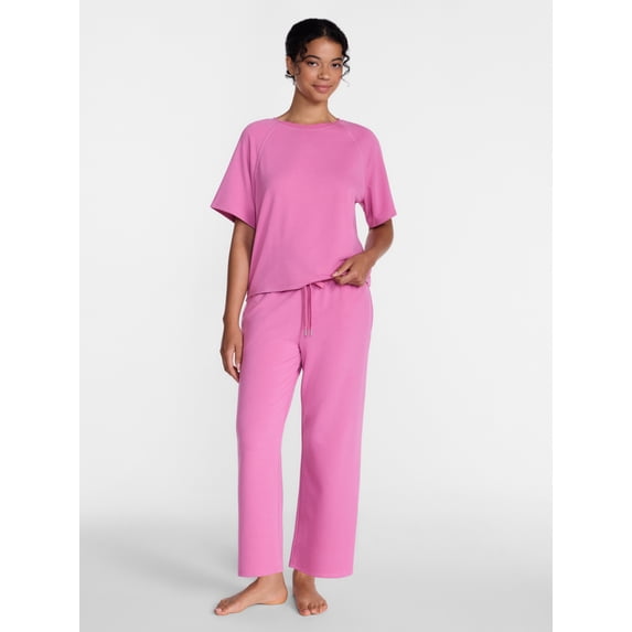 Women's Ultra-Soft French Terry 2-Piece Lounge Set - Raglan Short Sleeve Top & Capri Pants