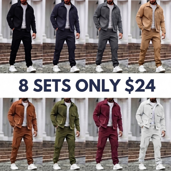 Men's Solid Color Pocket Button Front Shirt & Pants Two-Piece Set