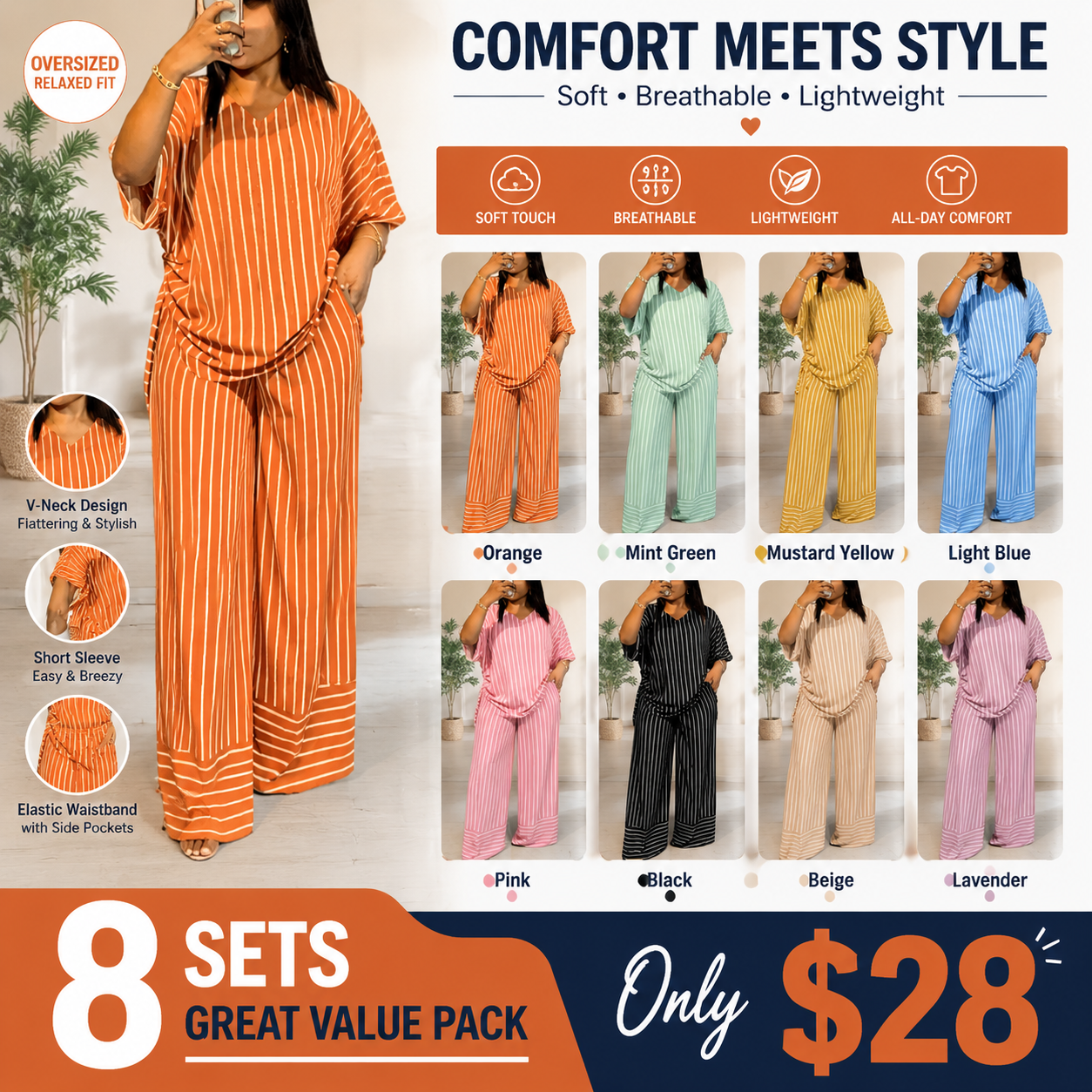 BreezeStyle Striped V-Neck Drawstring Wide-Leg Set
