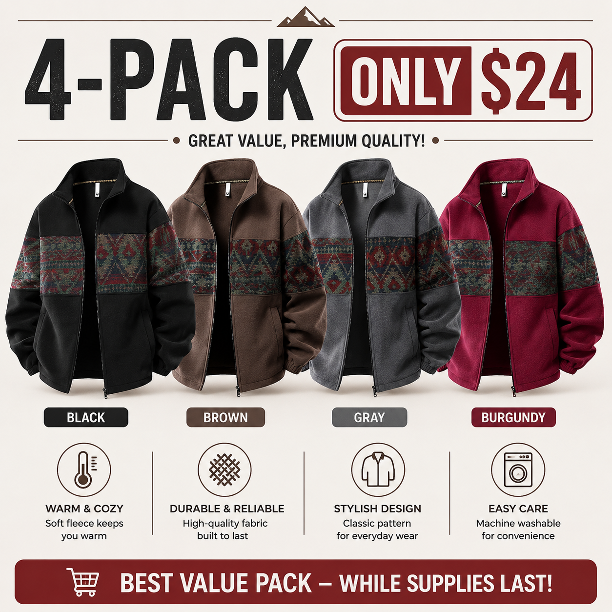 Men's Ethnic Pattern Full-Zip Fleece-Lined Long-Sleeve Knitwear Coat