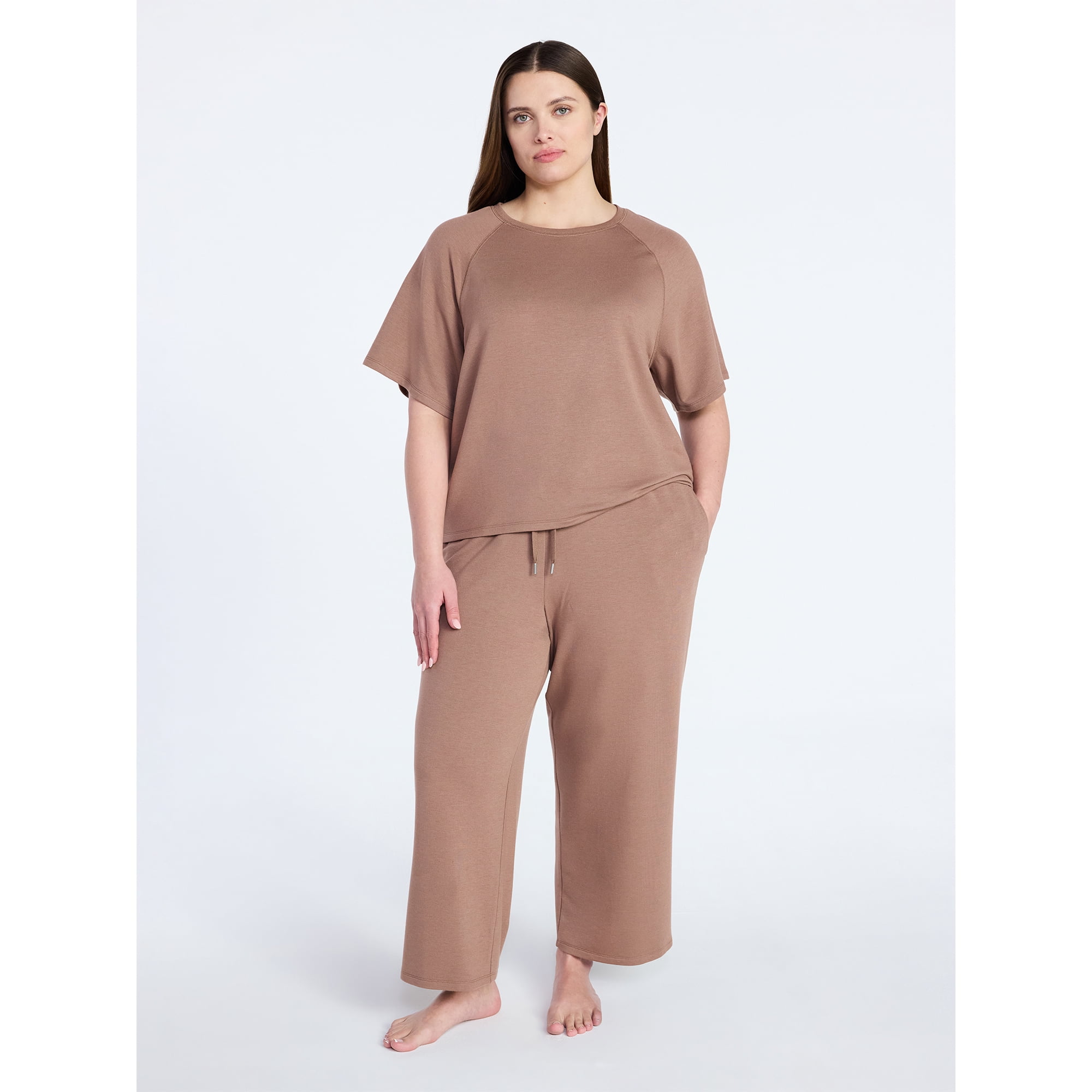 Women's Ultra-Soft French Terry 2-Piece Lounge Set - Raglan Short Sleeve Top & Capri Pants