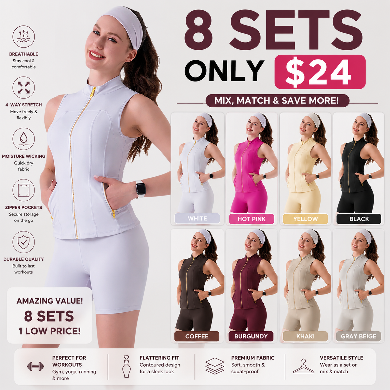 Women's 2-Piece Minimalist Gold-Color Zipper Vest & Tight Above-The-Knee Shorts Set