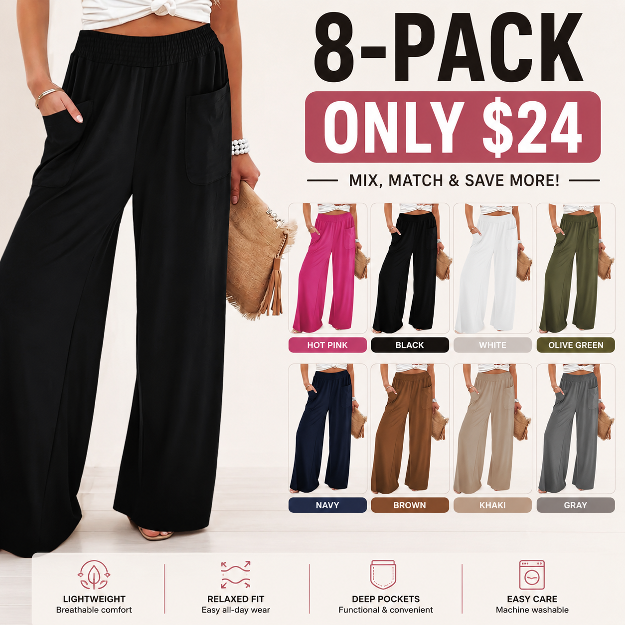Women's High-Waisted Smocked Elastic Palazzo Pants