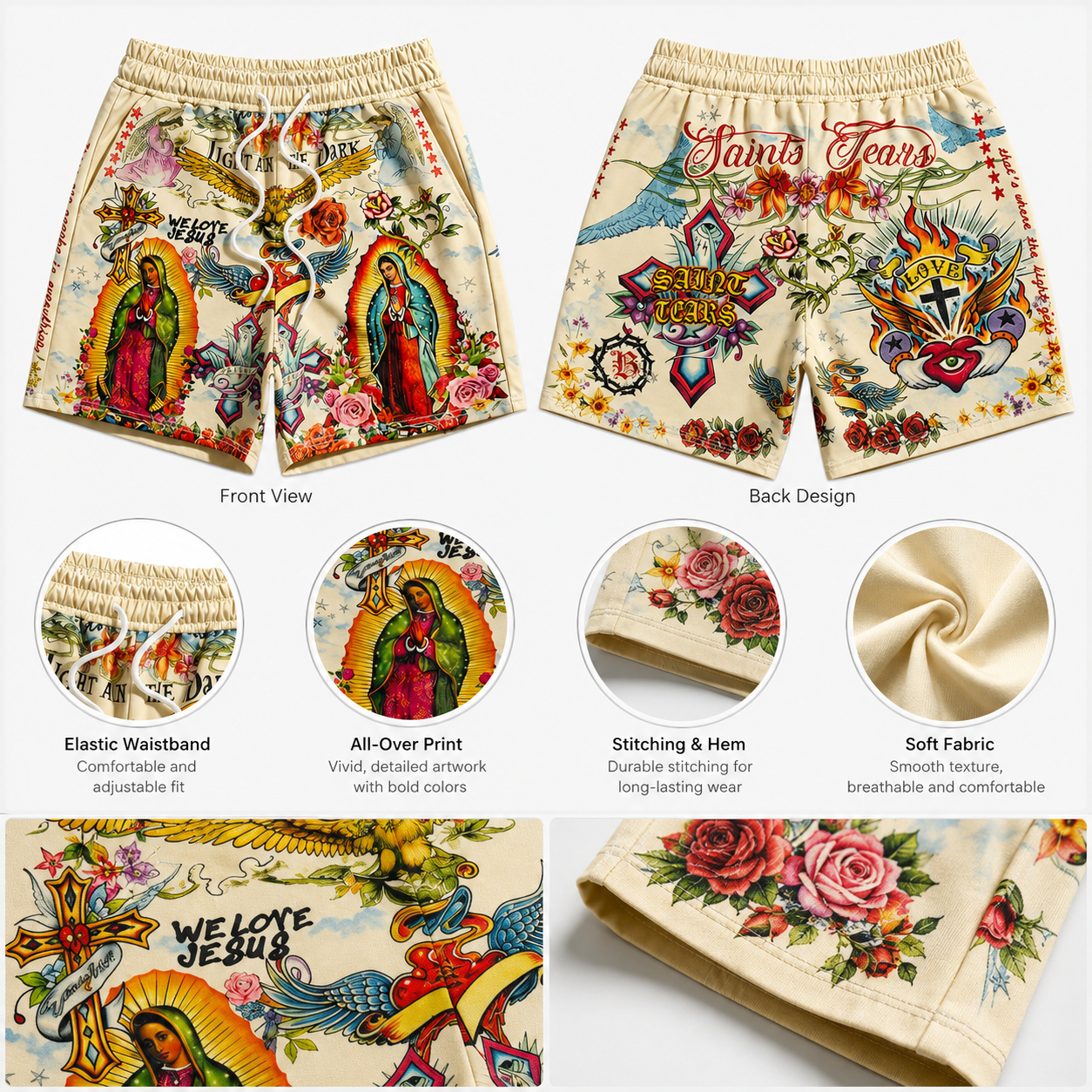  Virgin Mary & Jesus Print Streetwear Shorts