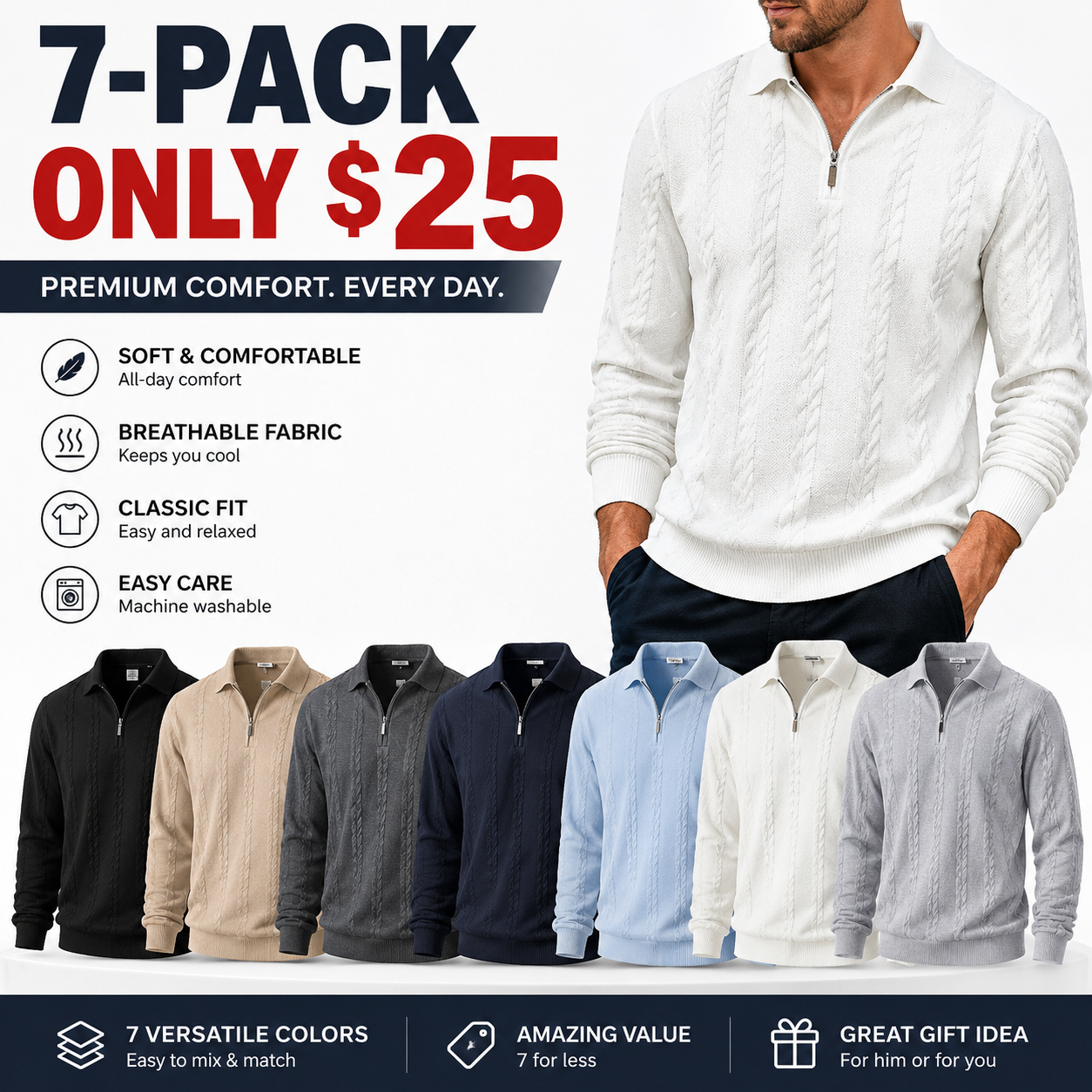 Men's Knitted Polo Neck Half-Zip Sweatshirt – Fitted Cable Knit Pullover