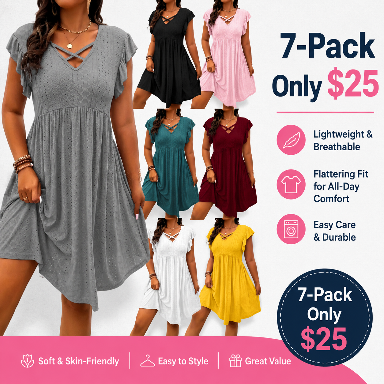 Women's Plus Size Solid Color Hollow Out V-Neck Dress - Casual Summer Chic Mid Dress
