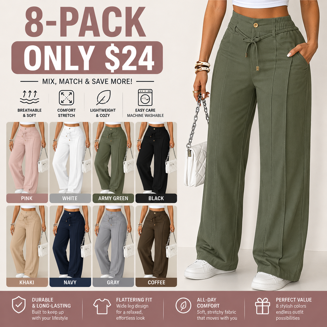 Women's High-Waisted Wide-Leg Trousers – Drapey Straight-Leg Pants with Front Pleat & Gold Button