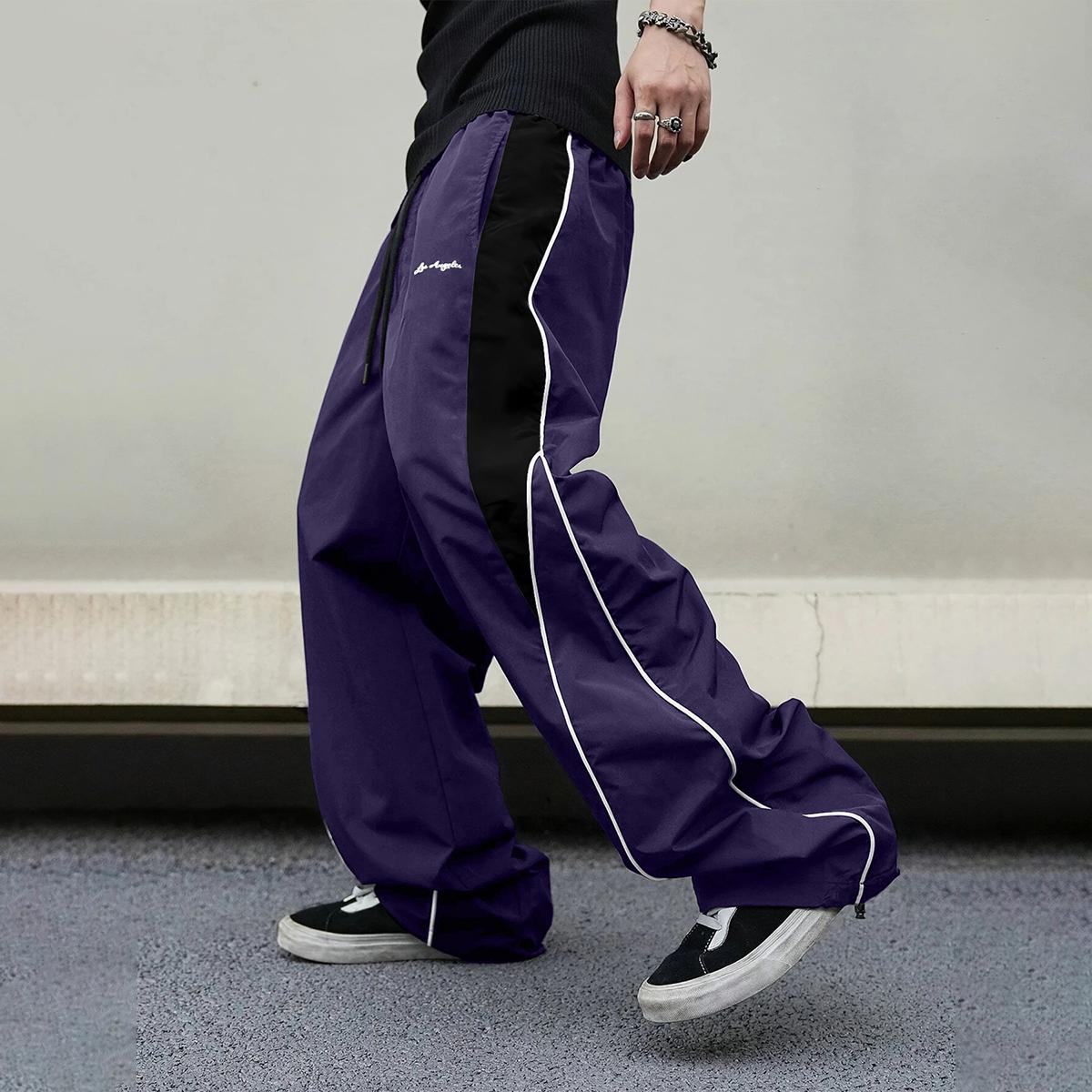 Men's high street style contrasting color splicing side striped tied wide-leg pants, American retro Los Angeles printed design loose drape sweatpants, multi-color optional thin casual pants are suitable for spring and summer wear