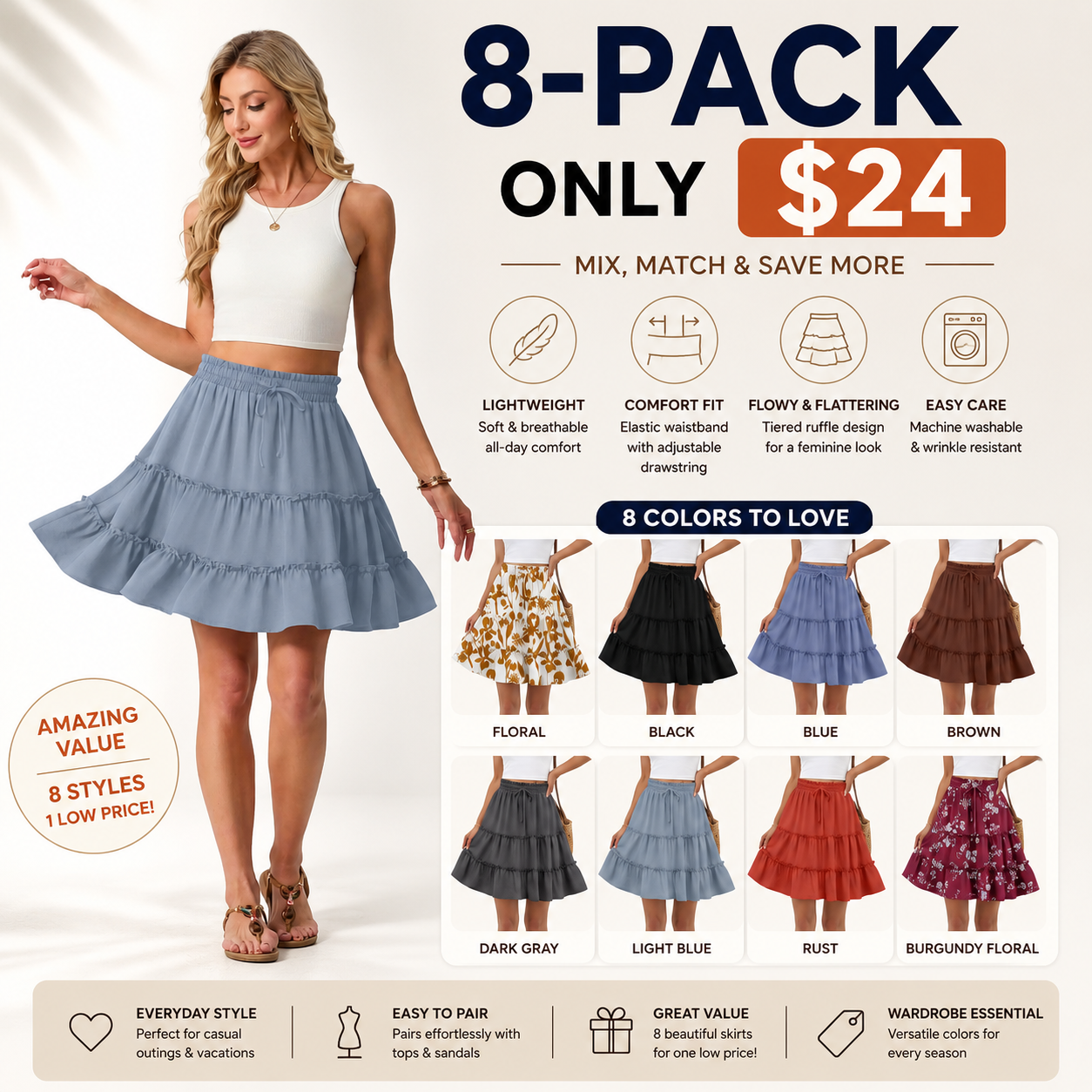 Boho Skirts for Women Flowy Casual Cute Skorts Built-in Shorts Floral Ruffle Tiered Skirts with Pockets
