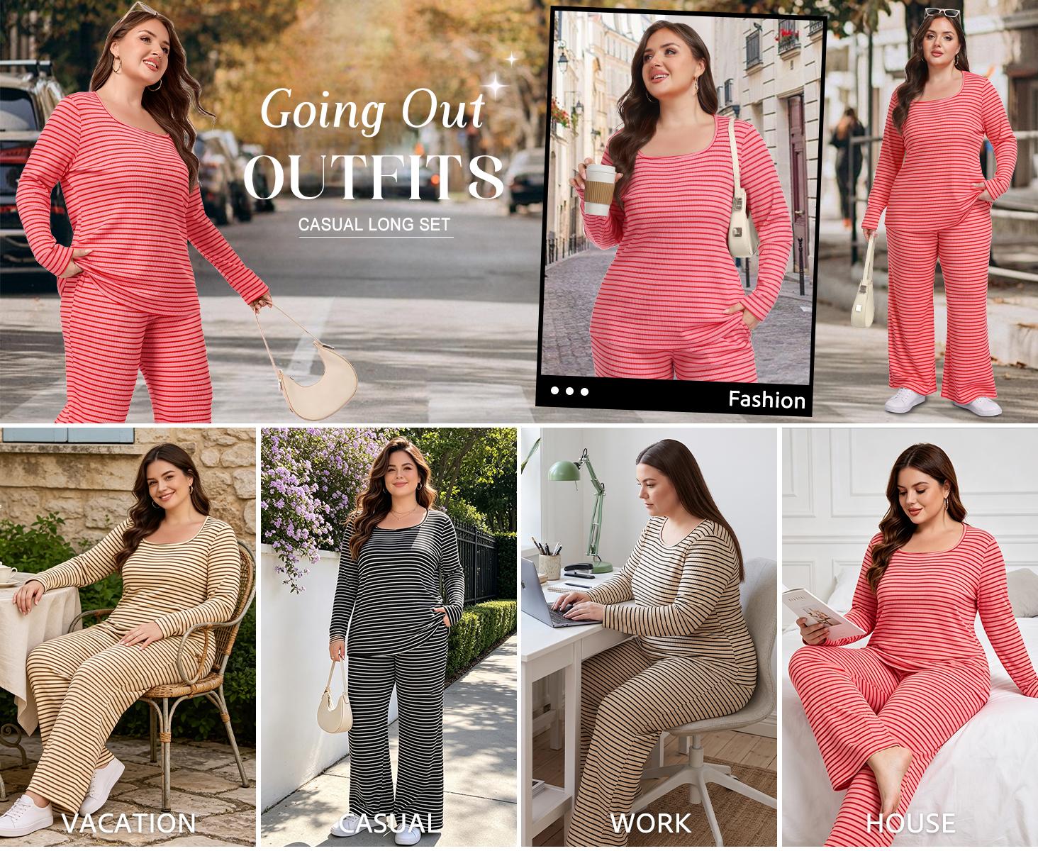 COOTRY Plus Size Curvy Women Matching 2‑Piece Outfit Set, Casual Stripe Print Long‑Sleeve Relaxed‑Fit Top & Below‑Ankle Pants, Machine Washable, Versatile For Fall Winter Everyday Occasions, 1XL‑6XL