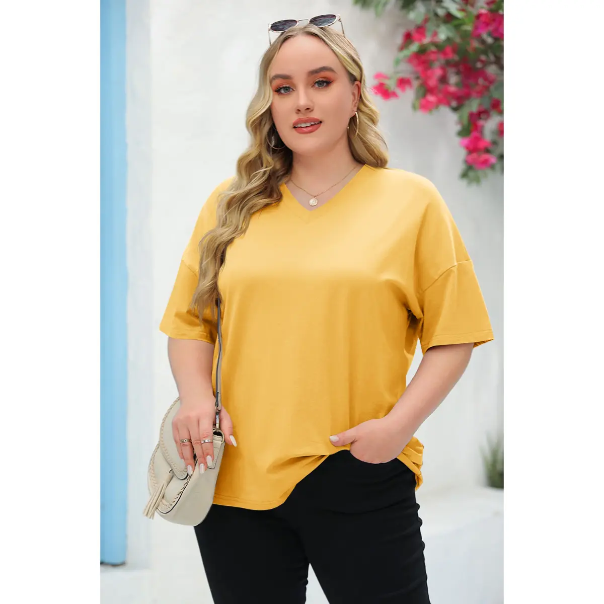 Tankaneo  Women's Plus Size V Neck T Shirts Summer Half Sleeve Tees Casual Loose Fit Cotton Tunic Tops