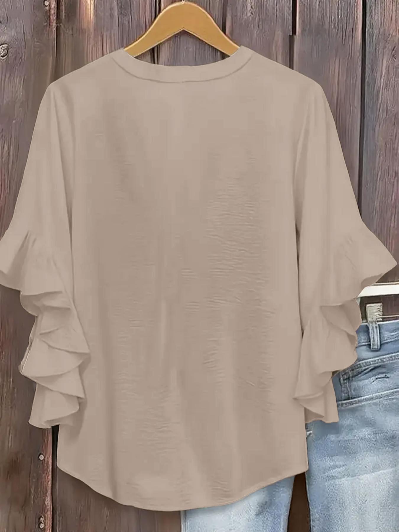 Plus Size Women's Ruffled Sleeve V-Neck Shirt Blouse Tops, Elegant Floral Design, Comfortable and Stylish, Perfect for Everyday Casual Wear