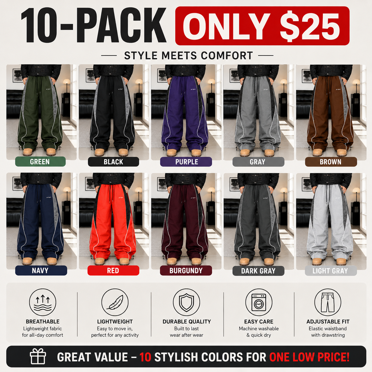 Men's high street style contrasting color splicing side striped tied wide-leg pants