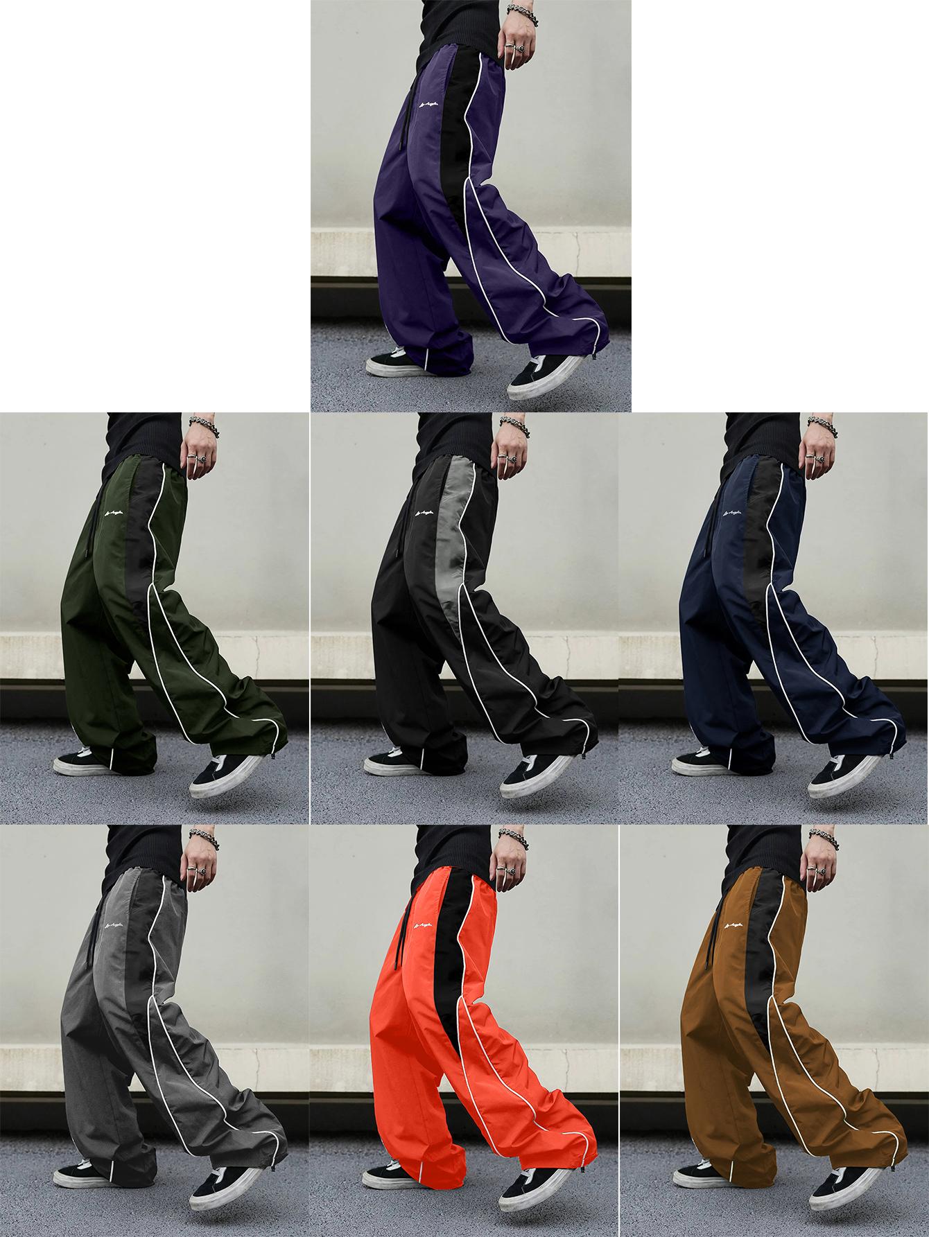 Men's high street style contrasting color splicing side striped tied wide-leg pants, American retro Los Angeles printed design loose drape sweatpants, multi-color optional thin casual pants are suitable for spring and summer wear