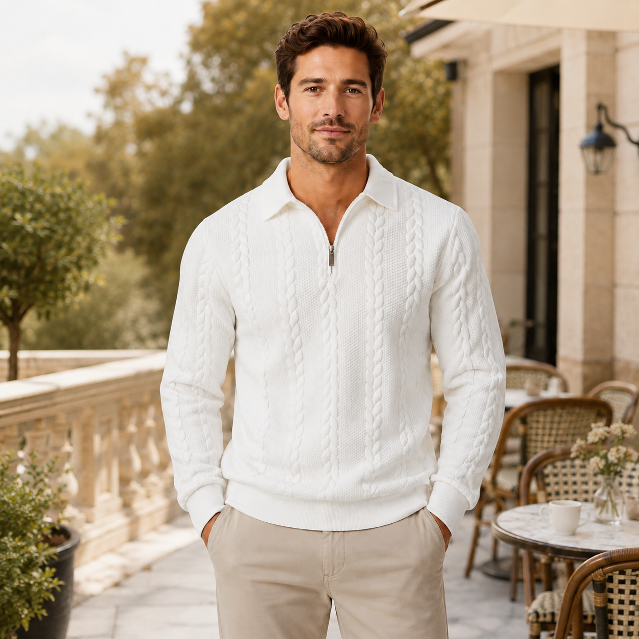 Men's Knitted Polo Neck Half-Zip Sweatshirt – Fitted Cable Knit Pullover