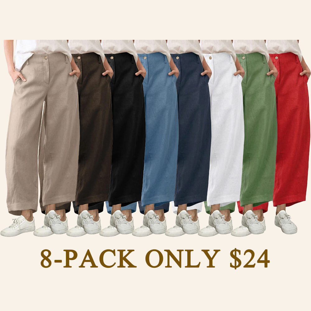 Women's High Waist Linen Blend Wide Leg Pants Casual Baggy Pull On Summer Trousers with Pockets & Zipper