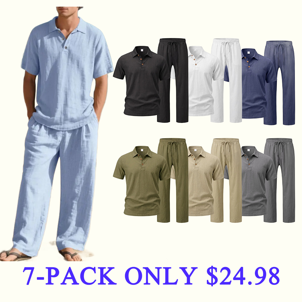 Men's Linen 2 Piece Summer Outfit - Short Sleeve Button Down Shirt & Drawstring Long Pants Casual Beach Vacation Set