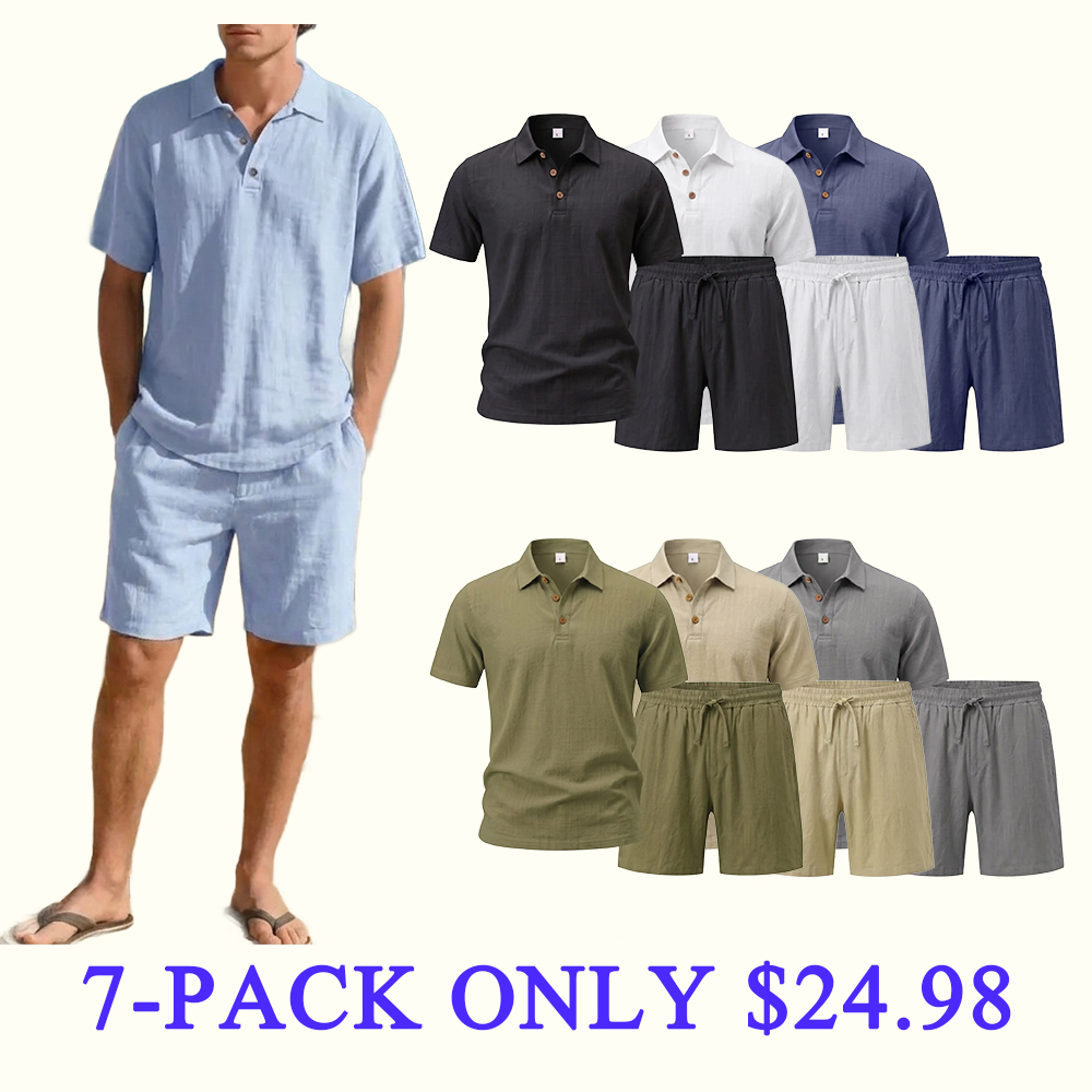 Men's Linen 2 Piece Summer Outfit - Short Sleeve Button Down Shirt & Drawstring Long Pants Casual Beach Vacation Set