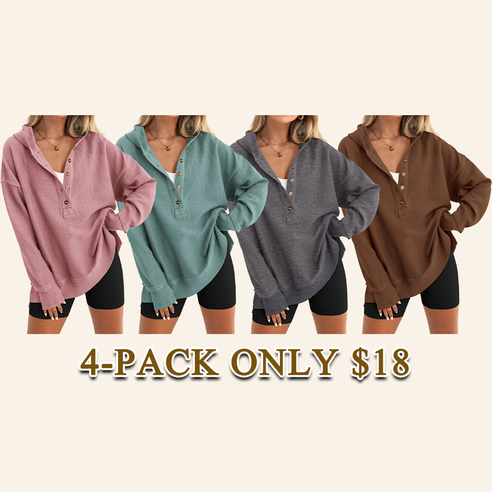 Women's Oversized Button V-Neck Hoodie Sweatshirt Long Sleeve Side Slit Casual Fall Pullover Top