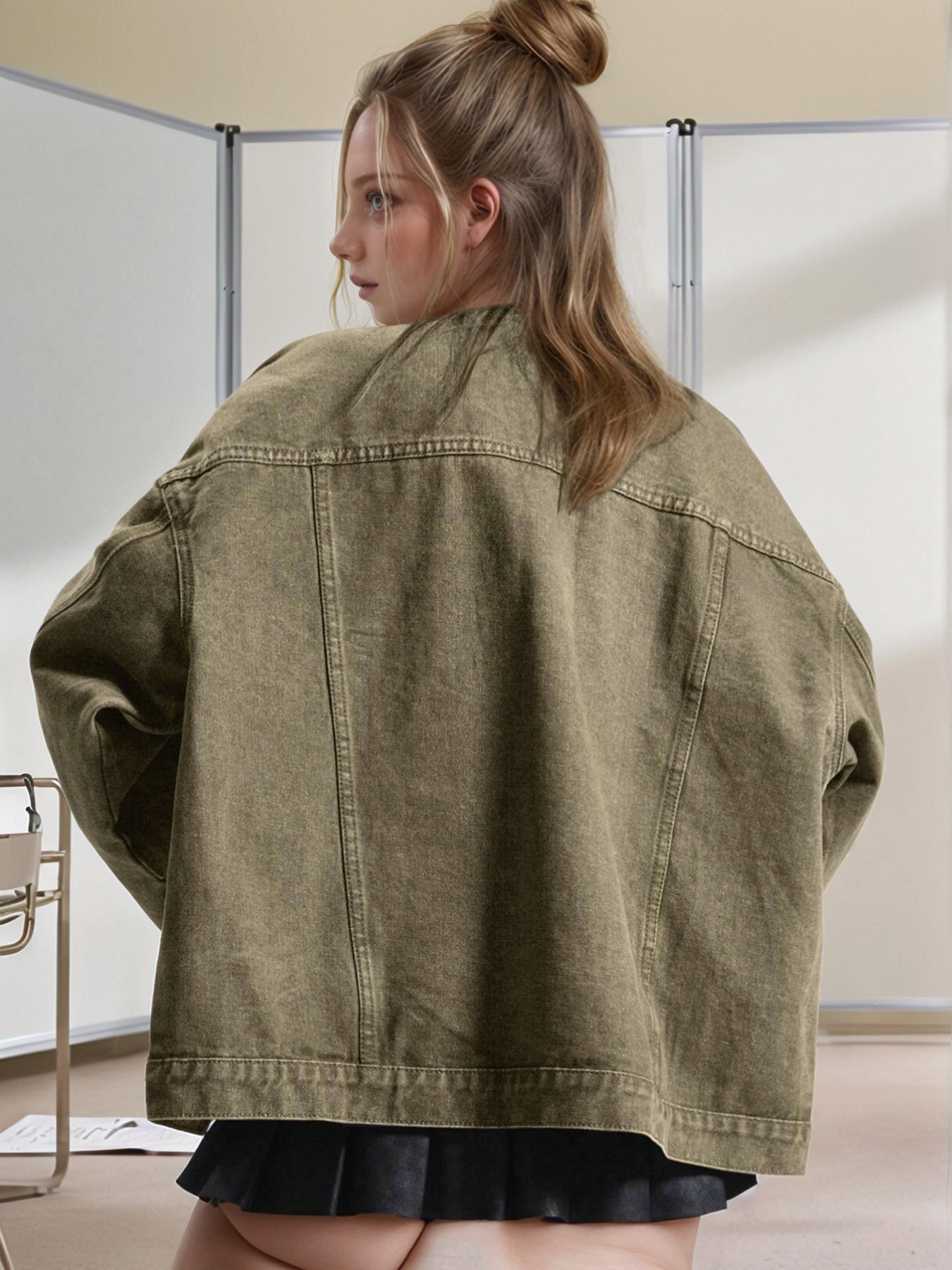 Women's Plain Basic Button-Front Drop-Shoulder Fitted Denim Jacket Coats, Casual Long-Sleeve Collared Pocket Outerwear for Daily Wear, Aesthetic Womenswear Women's Plain Basic Button-Front Drop-Shoulder Fitted Denim Jacket Coats, Casual Long-Sleeve Collared Pocket Outerwear for Daily Wear, Aesthetic Womenswear