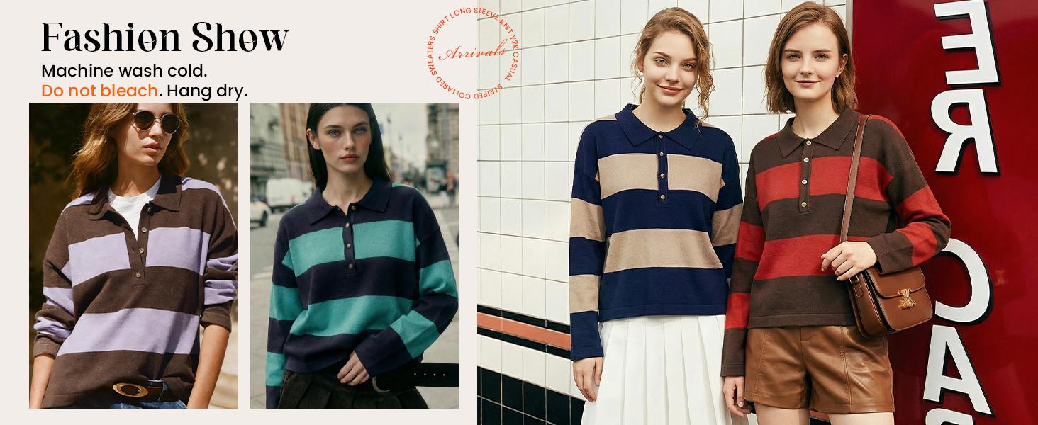 Yimoon Rugby Polo Sweater for Women Striped Collared Sweaters Shirt Long Sleeve Knit Y2K Casual Pullover Top Womenswear Soft
