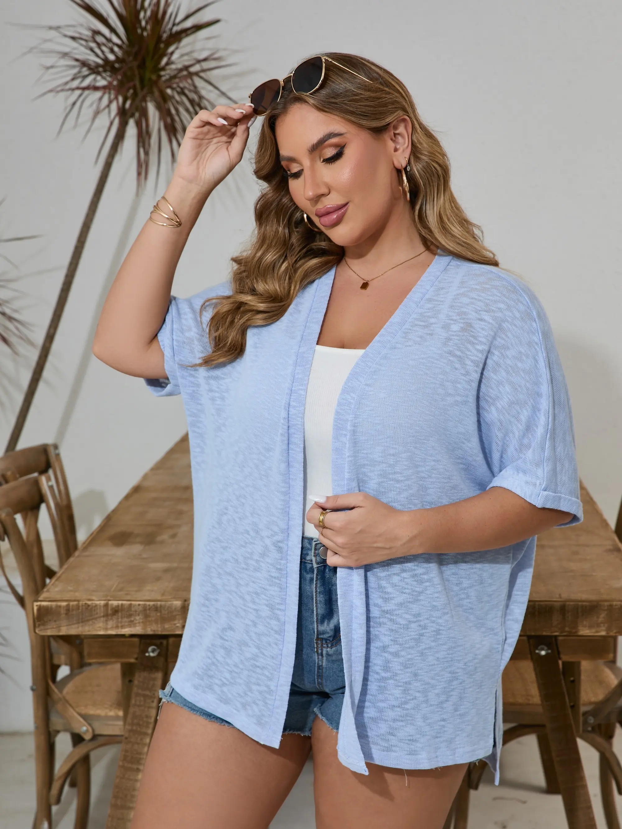 Women's Oversized Short Sleeve Open Front Knit Cardigan Lightweight Summer Beach Cover Up Casual Batwing Knit Top