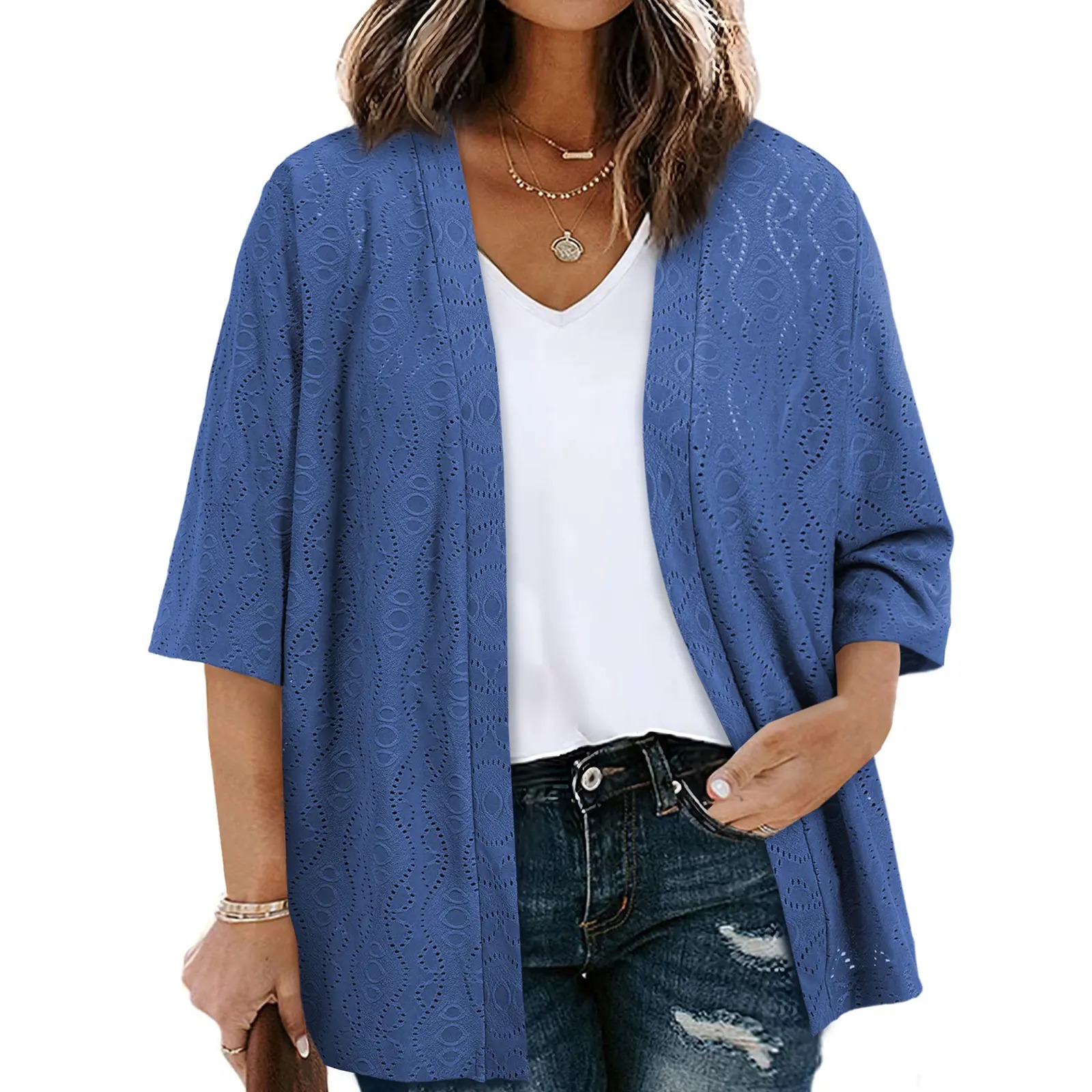 Women's Half Sleeve Jacquard Knit Kimono Cardigan Lightweight Open Front Summer Cover Up