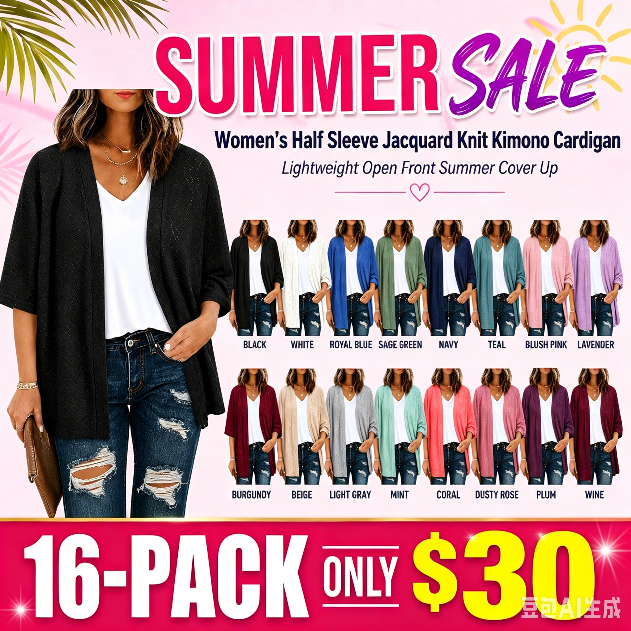 Women's Half Sleeve Jacquard Knit Kimono Cardigan Lightweight Open Front Summer Cover Up