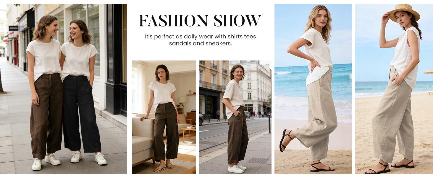 Tanming Women's Casual Baggy Linen Blend Pants, High Waisted Pull On Wide Leg Style with Pockets for Summer, Bottom, Cotton, Zip Tanming Women's Casual Baggy Linen Blend Pants, High Waisted Pull On Wide Leg Style with Pockets for Summer, Bottom, Cotton, Zip