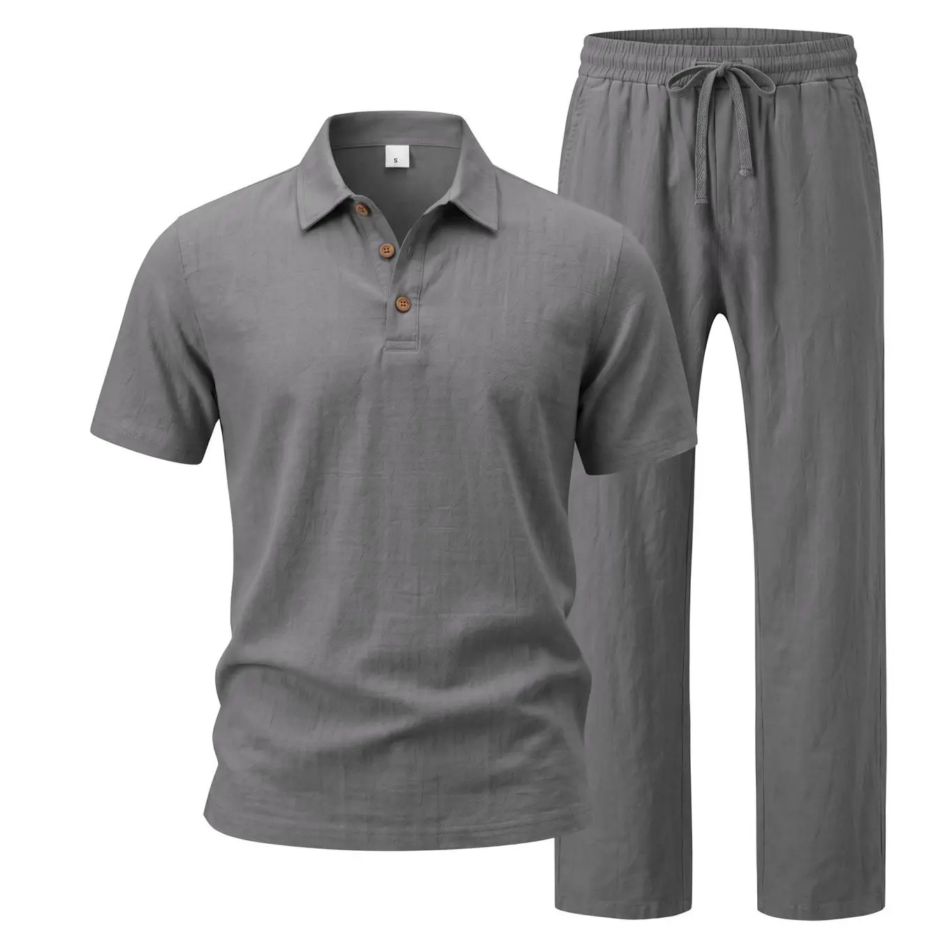 Men's Linen 2 Piece Summer Outfit - Short Sleeve Button Down Shirt & Drawstring Long Pants Casual Beach Vacation Set